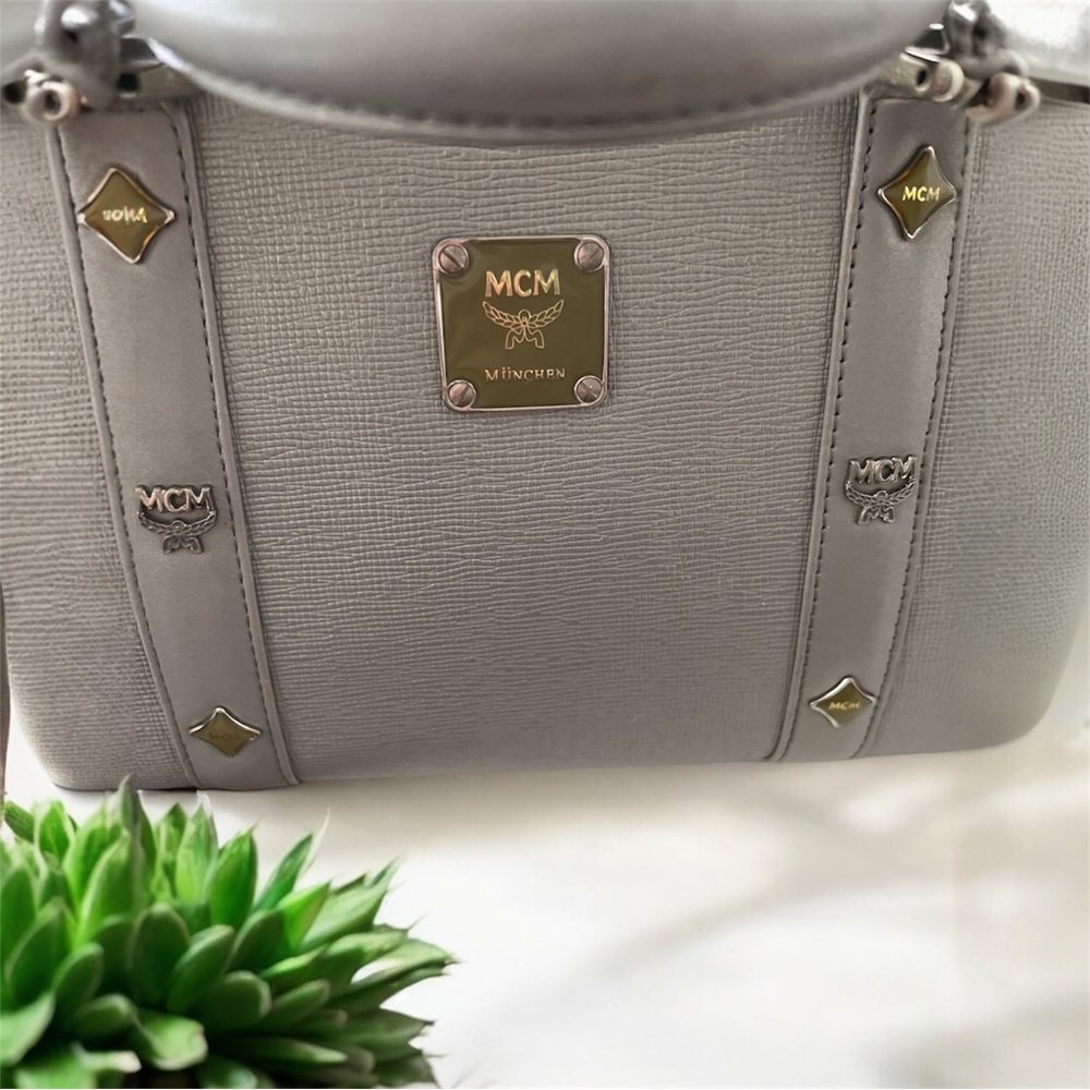AUTHENTIC MCM 🩶Silver Studded Saffiano leather Boston Handbag EUC - Picture 5 of 16